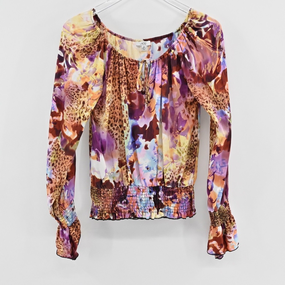 Cache Smocked Silk Top Womens XS‎ Leopard Animal Print Tie Neck Bell Sleeve Boho